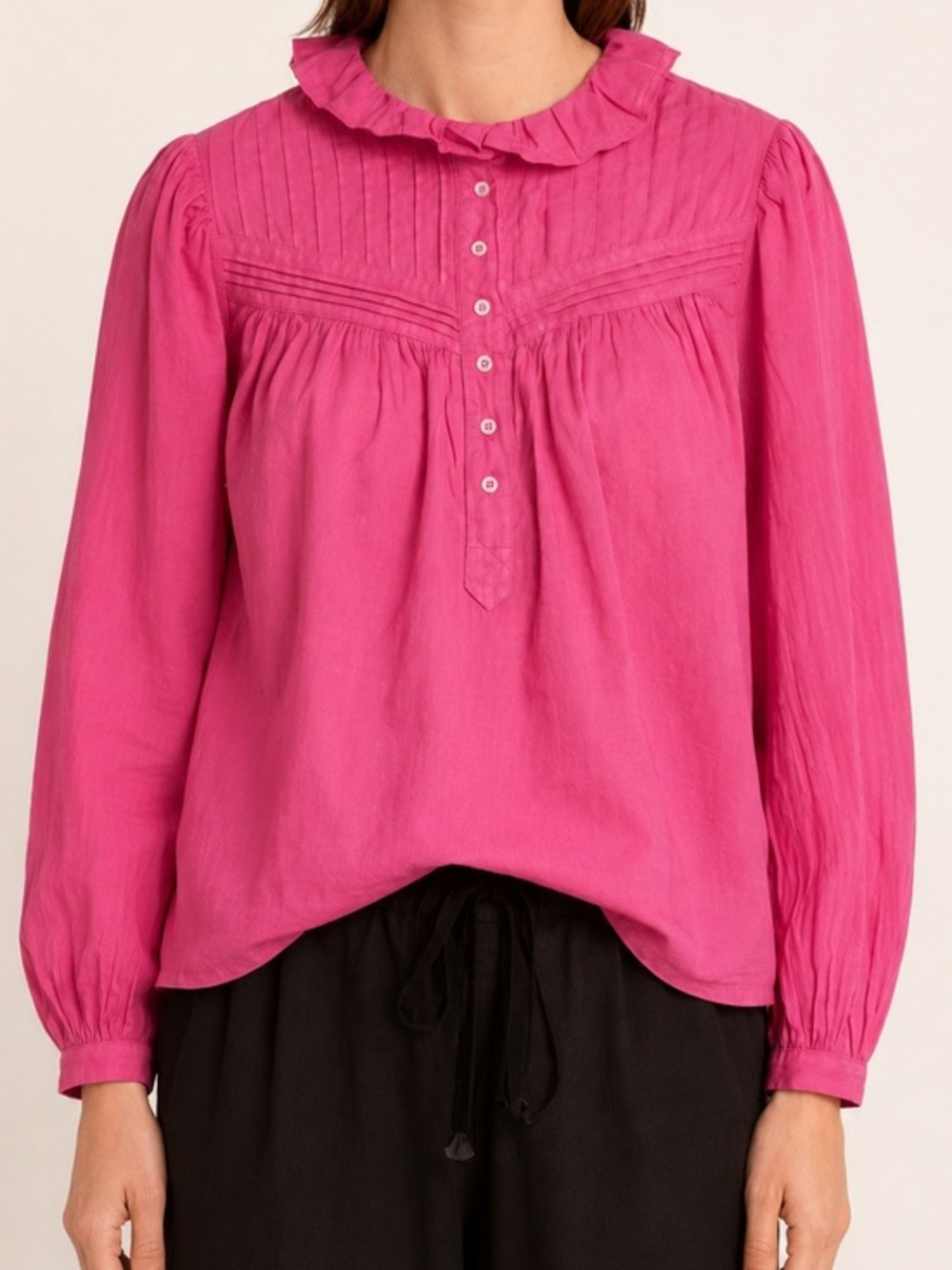 Xirena Larsen Magenta Ruffle Neck Oversize Cottagecore Long Sleeve Blouse
